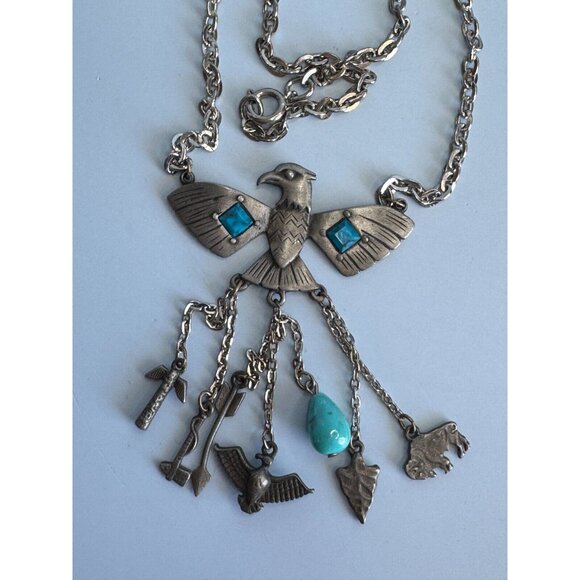 Vintage Park Lane Block Turquoise Tribal Charm Peyote Bird Southwestern Necklace - Picture 3 of 10